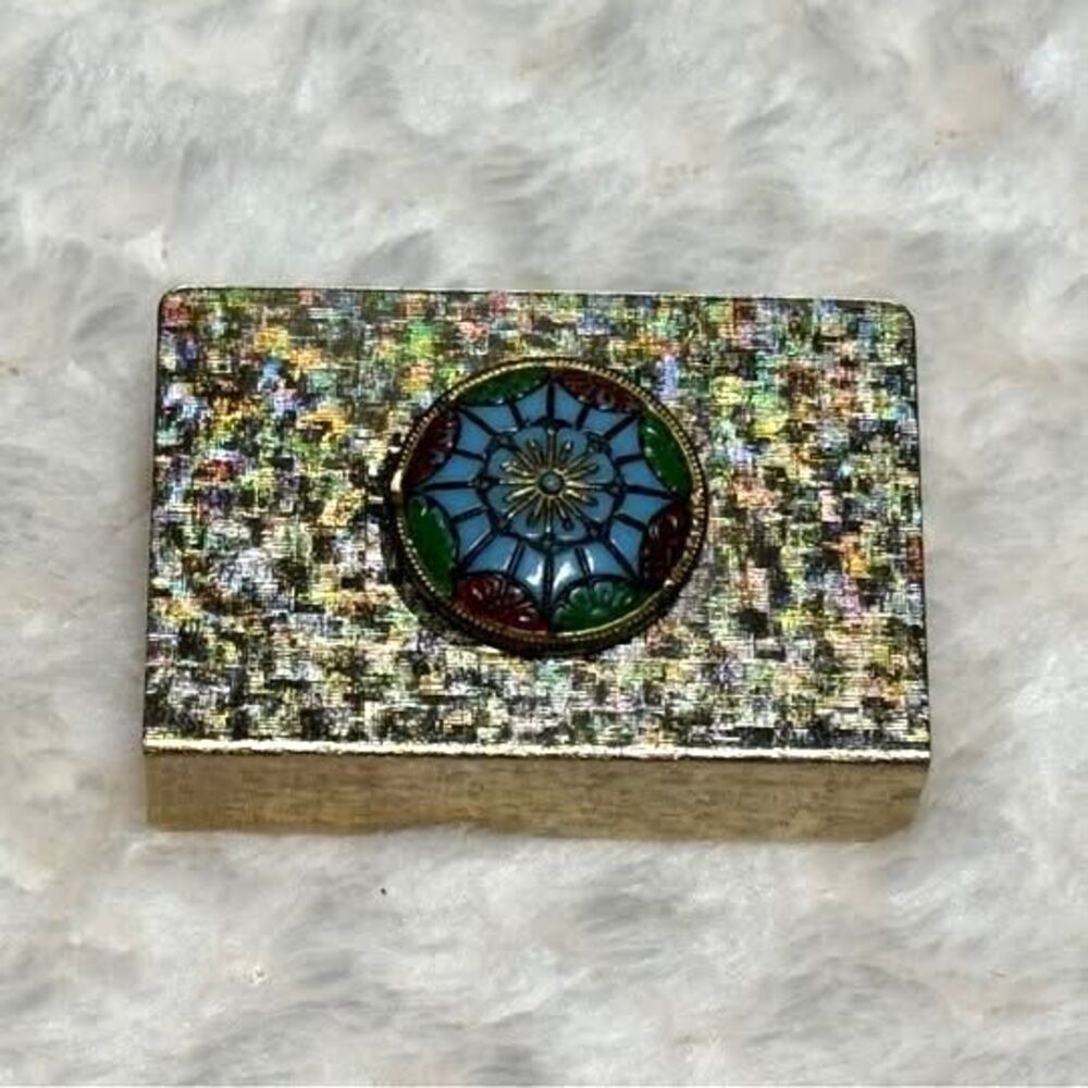 Vintage Gold-Tone Matchbox Cover with Enamel Medallion